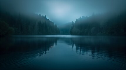 Fototapeta premium Dark sky before sunrise with a hint of light, quietly raining, peaceful forest or lake