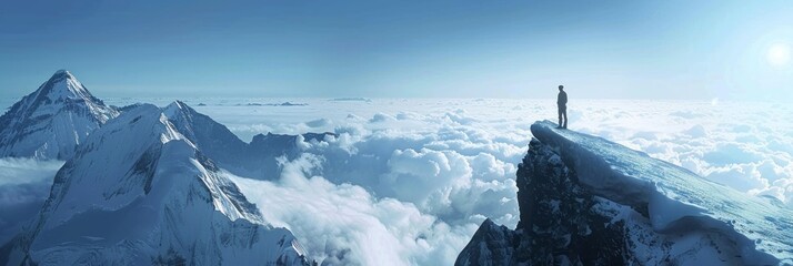 A person standing on the edge of an icy mountain peak