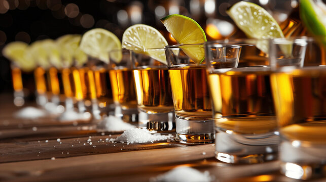 Tequila shot glasses full of tequila made and arranged in a line in a bar, interior, a perfectly cut lime wedge, a neat small pinch of salt, knelling, close up - a round of shots