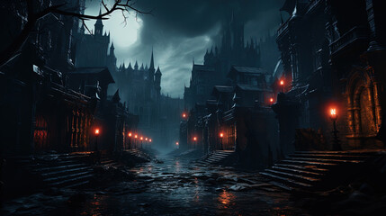 An Ancient Spooky Gothic Castle During Foggy Night Time Landscape Background