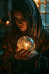 A woman is holding a crystal ball with a candle inside