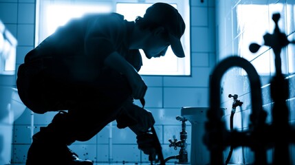 Plumber fixing a clogged drain, professional service, silhouette, bathroom.