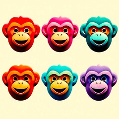 set of masks with the face of funny monkeys for a children's party, isolated, 3D, background