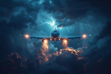 Jetliner navigating through thunderstorm with dramatic lightning