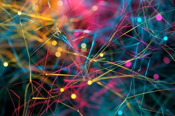 A neural network visualized with colorful lines and dots, AI generated