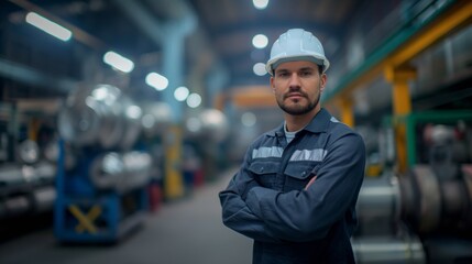 Confident factory worker stands with arms crossed in industrial manufacturing plant at night.