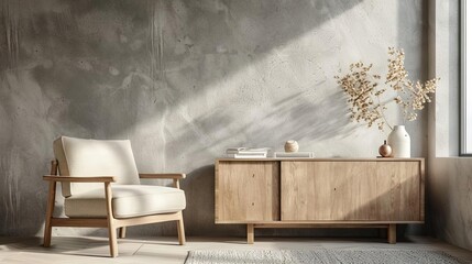 scandinavian living room beige armchair and wooden cabinet in minimalist concrete interior home design photography