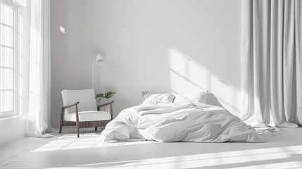 serene and minimalist white bedroom interior with soft natural light watercolor painting