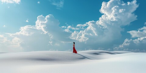 A woman in a long red dress walks in the distance across a white sand desert