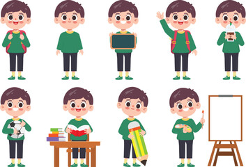 Cartoon student back to school background character. Happy children going back to school.