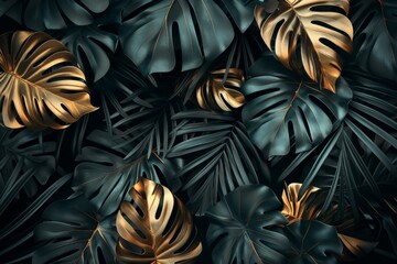 dark green and gold tropical leaves on a black background, vector illustration, detailed, elegant design, luxurious wall art in the style of tropical leaves.