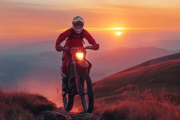 Riding a dirt bike at dusk across difficult terrain. Generative Ai