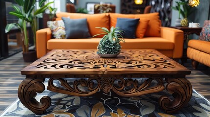 custom furniture design, elegant handcrafted wooden coffee table made from pallets with intricate details, elevating the style of your living room