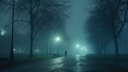 Bleak Very Foggy Winter Morning In An Empty City Park There Is One Street Lamp Lighting A Section Of Path Through Park During Early Morning Time Landscape Background