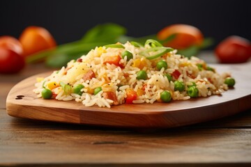 Tasty fried rice on a marble slab against a pastel painted wood background