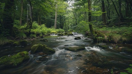Obraz premium serene stream flowing through lush forest at cascade du herisson in france nature landscape photography