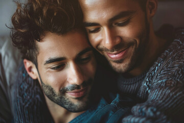 Obraz premium AI generated image of a happy beautiful lgbt couple handsome men spending time at home together