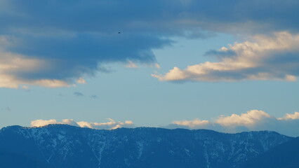 Eagle Flies Over A Mountain. Bird Flying And Looking For A Prey In The Blue Sky With Mountains In...