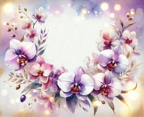 Obraz premium Watercolor Floral Frame with Orchids and Pastel Flowers for Invitations, Greeting Cards, Stationery
