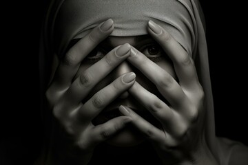 Dramatic black and white portrait of a woman covering her eyes with her hands, wearing a hijab