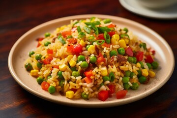 Tempting fried rice on a marble slab against a pastel painted wood background