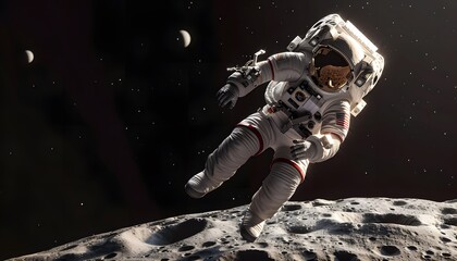 A 3D cartoon astronaut with a jetpack, soaring above a small moon surface
