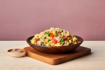 Tempting fried rice on a marble slab against a pastel painted wood background