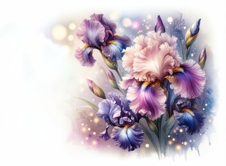 Obraz premium Watercolor painting of blooming irises in soft pastel shades, creating a serene floral scene
