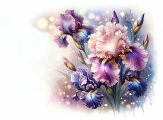 Watercolor painting of blooming irises in soft pastel shades, creating a serene floral scene