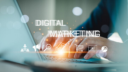 Digital Marketing Media Technology Graphic Concept. Businessman uses laptop to do online marketing...