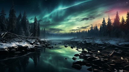 Aurora Borealis, Northern Lights in a night sky over a northern winter landscape