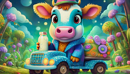 Fototapeta premium oil painting style cartoon character illustration Multicolored close up a baby cow is holding a bottle of milk and driving TRUCK,