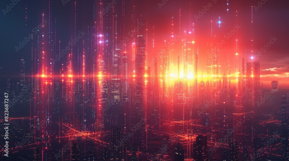 Poster urban technology integration, city skyline with illuminated lights and data streams, designed for a 