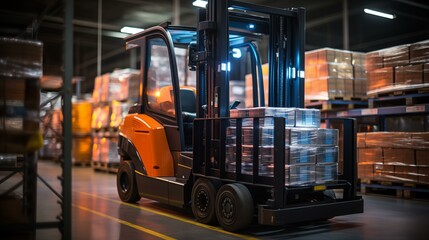 Fototapeta premium Forklift doing storage in a warehouse managed by machine learning and artificial intelligence automation, robotics applied to industrial logistics 