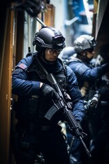 Obraz premium A group of police officers, dressed in uniforms, stand side by side next to each other. They appear alert and ready for duty, showcasing teamwork and unity in law enforcement