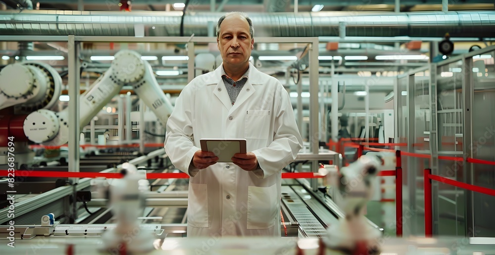 Poster factory worker inspecting production line in modern industrial facility using digital tablet for ass