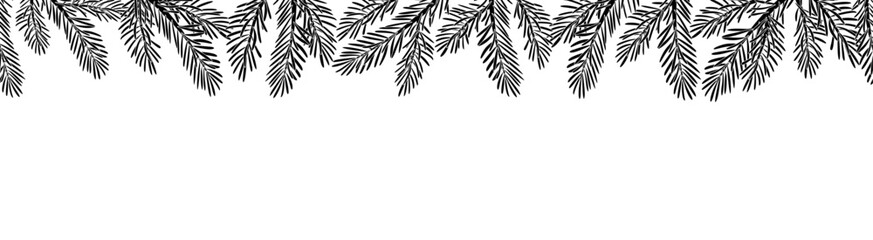 Pine tree branches seamless border silhouette isolated on white, spruce branches. Hand drawn xmas evergreen plant. Doodle Winter decor. Black and white Vector illustration