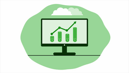 Business graph bar dollar coing pc monitor green color white background