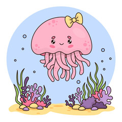 Cute pink jellyfish girl. Funny cartoon animal kawaii character. Vector illustration. Underwater landscape with algae and corals. Kids collection