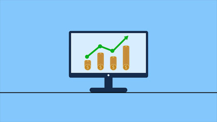 Business graph dollar coin computer monitor blue background