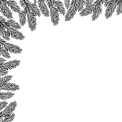 Naklejka premium Christmas tree silhouette corner frame decoration. Fir tree branches, Pine, spruce branch. Hand drawn doodle style vector illustration. For New year, winter season headers, cards, party posters.