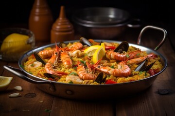Juicy paella on a metal tray against a pastel painted wood background