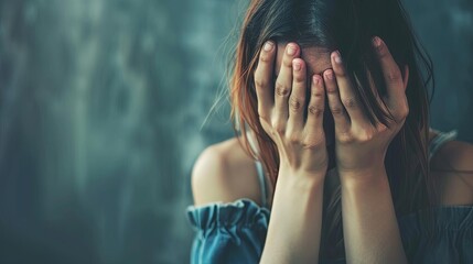 somber young girl consumed by despair hiding face in hands symbolic of depression concept photo