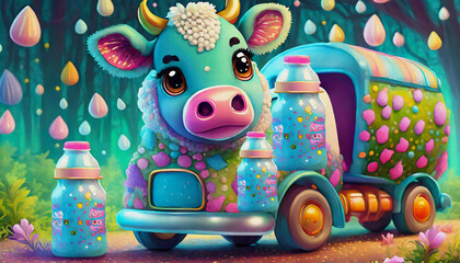 Fototapeta premium oil painting style cartoon character illustration Multicolored close up a baby cow is holding a bottle of milk and driving TRUCK,