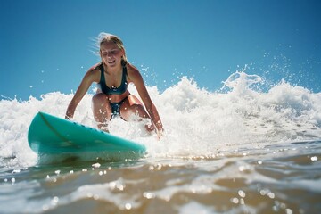 Young female Caucasian surfer catching waves with teal surfboard at Pipeline Beach.