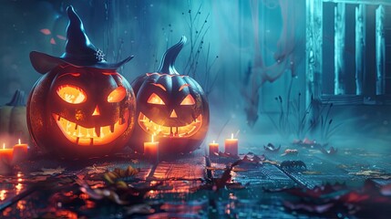 spooky halloween decor with grinning jackolanterns eerie shadows and mysterious mist haunting seasonal still life aigenerated illustration