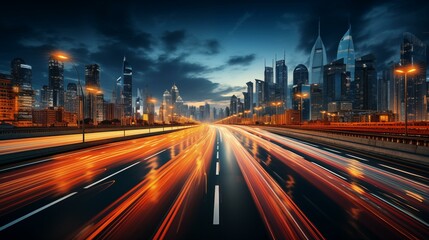 Obraz premium High speed urban traffic on a city highway during evening rush hour, car headlights and busy night transport