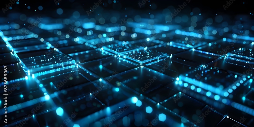 Poster glowing digital landscape with interconnected geometric shapes and patterns representing technologic