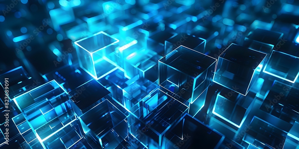 Poster futuristic geometric abstract digital landscape with illuminated cubic structures