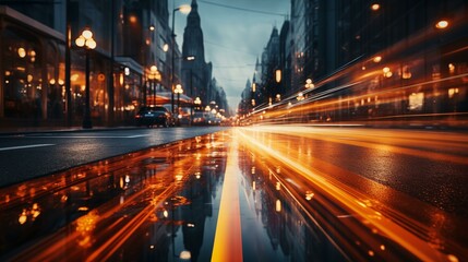 Fototapeta premium High speed urban traffic on a city highway during evening rush hour, car headlights and busy night transport